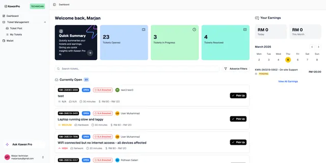 KawanPro dashboard showing open tickets, earnings calendar and job list
