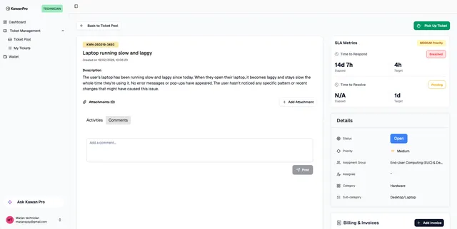 KawanPro ticket view showing job details, SLA metrics and status